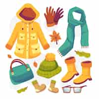 Free vector clothes and accessories winter fashion icon set with knitted warm sweater hats gloves scarves boots in drawing cartoon style vector illustration