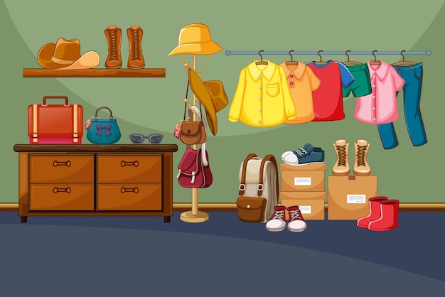 Free vector clothes on a clothesline with accessories in the room scene