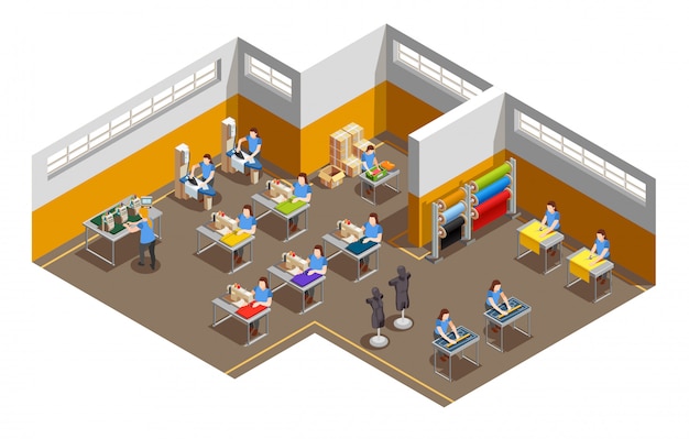 Free vector clothes factory interior isometric composition