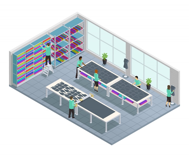 Clothes factory isometric composition with workflow for clothing company in shop at the factory vect