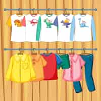 Free vector clothes hanging on clothes rack on wooden wall background