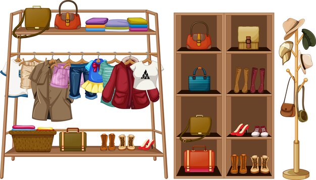 Clothes hanging on a clothesline with accessories on shelves on white background