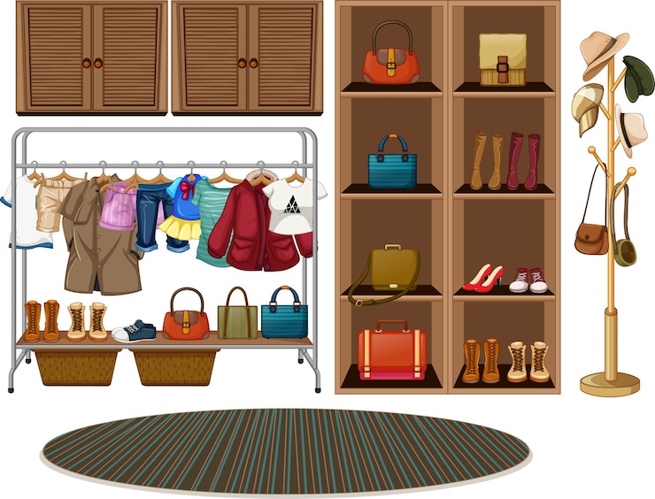 Free Vector clothes hanging on a clothesline with accessories on shelves on white