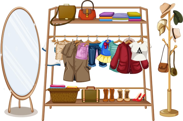 Free vector clothes hanging on a clothesline with accessories on white background