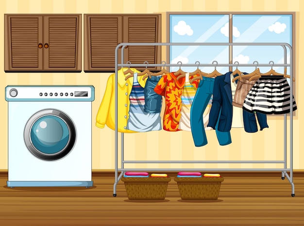 Clothes hanging on a clothesline with washing machine in the room scene