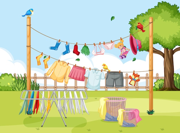 Clothes hanging on line in the yard
