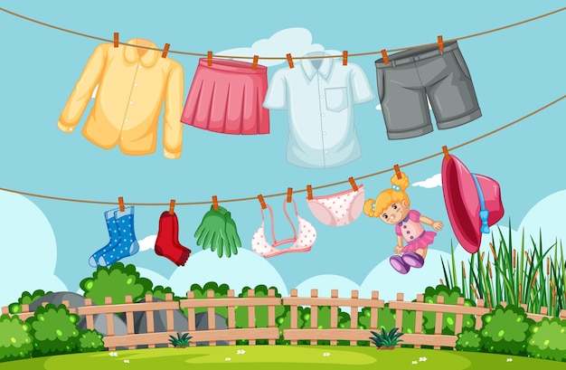 Free vector clothes hanging on line in the yard