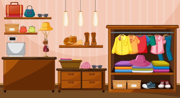 Clothes hanging in wardrobe with many accessories in the room scene