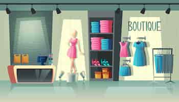 Vettore gratuito interno del negozio di abbigliamento - guardaroba con abiti da donna, manichino di cartone animato e roba sui ganci