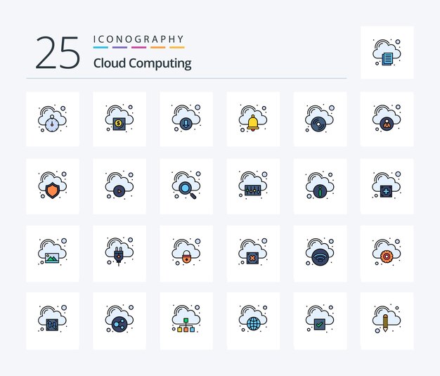 クラウド コンピューティング コンパクト ディスクのダウンロード アラーム ベルを含む 25 行のアイコン パック