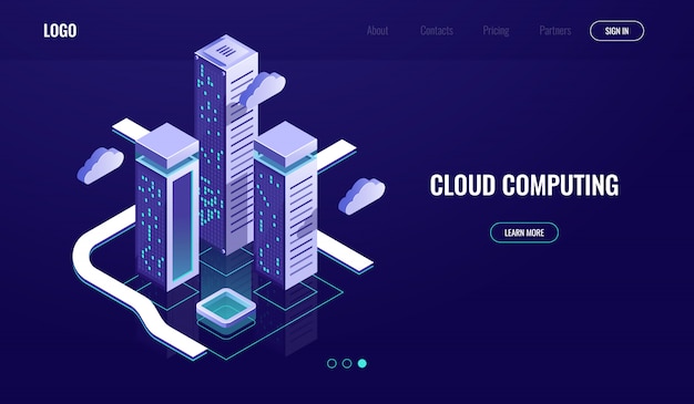 Cloud computing, cloud data storage isometric concept, modern digital urban city, data road