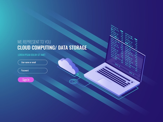 Cloud computing concept, open laptop with cloud icon and program code on scree