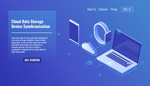 Free vector cloud data server storage, electronic devices data synchronization