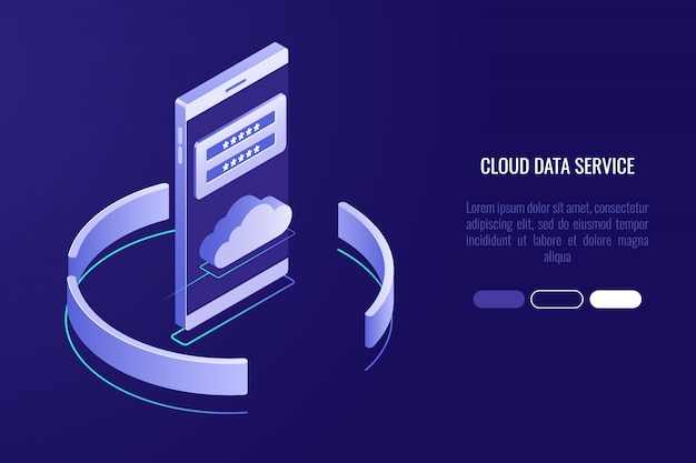 Cloud data storage banner, smartphone with cloud icon and authorization form