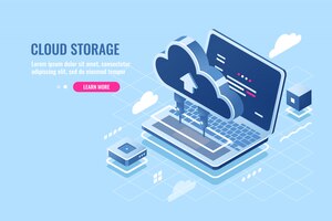 cloud data storage isometric icon, uploading file on cloud server for remote access concept, laptop 