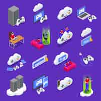 Free vector cloud gaming isometric icons set with cyberspace symbols isolated vector illustration