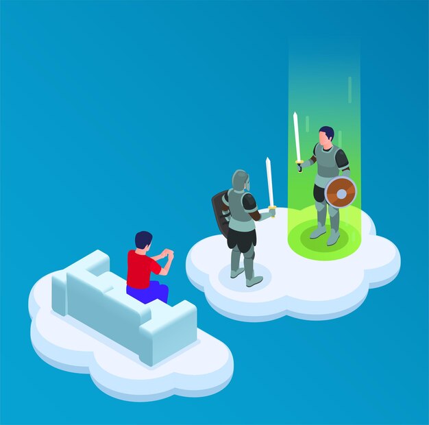 Cloud gaming isometric illustration with adventure and battle game