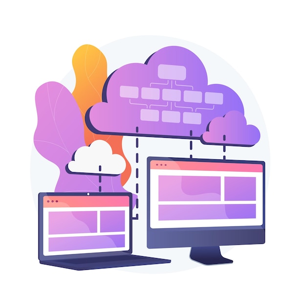 Cloud information storage. Collocated cloud computing. Data synchronization and harmonization. Available, accesssible, digital. Connected backup. Vector isolated concept metaphor illustration