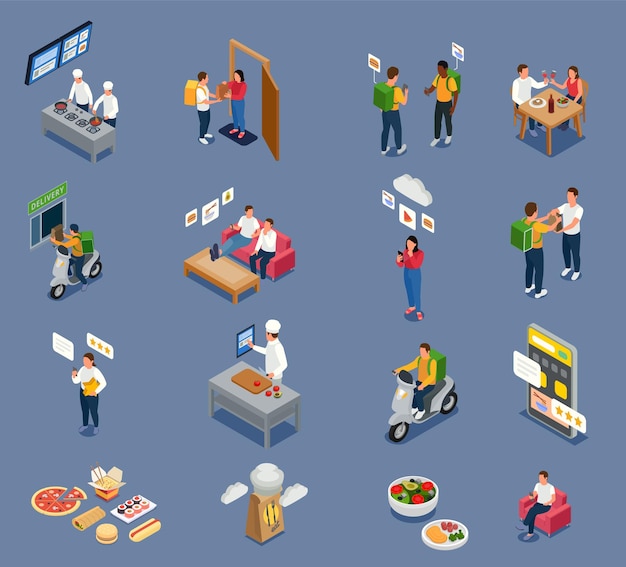 Free vector cloud kitchen isometric icons collection with couriers and people waiting for their orders isolated vector illustration