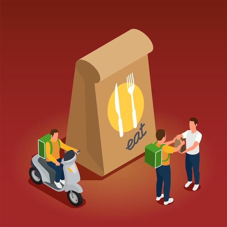 Free Vector cloud kitchen service concept with package and delivery symbols isometric vector illustration