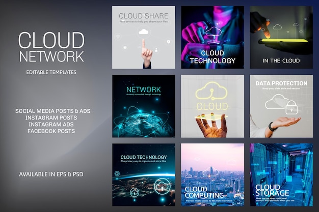 Cloud network editable template vector for social media post set