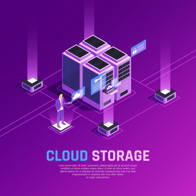 Cloud office glow isometric composition with  server units and human character with remote controller