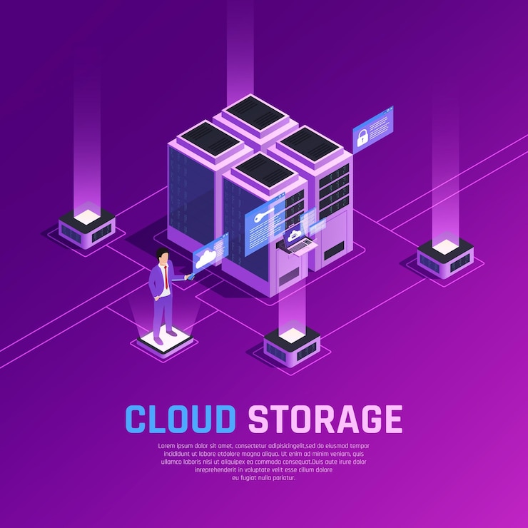 Free Vector cloud office glow isometric composition with  server units and human character with remote controller
