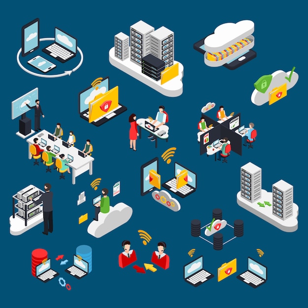 Free vector cloud office isometric elements set