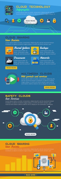 Vettore gratuito disposizione piana di infographics del servizio di nuvola con la condivisione delle statistiche e della tecnologia dell'accesso a globale