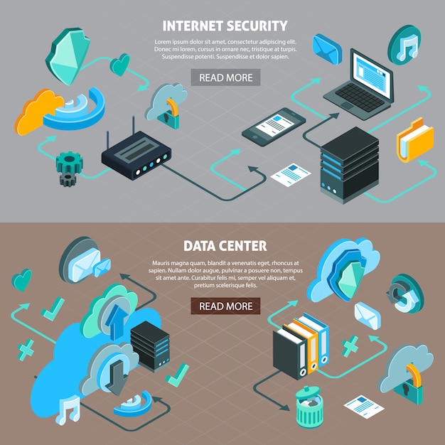 Free vector cloud service technology data center and internet security horizontal banners set with isometric flowchart 3d isolated vector illustration