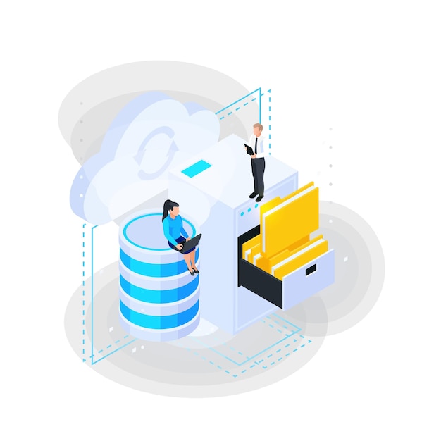 Composizione isometrica dei servizi cloud con personaggi di lavoratori e armadietto con cartelle e illustrazione vettoriale della capsula del server