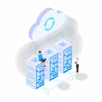 Free vector cloud services isometric composition with cloud connection icons of server racks wired to cloud with sync sign vector illustration