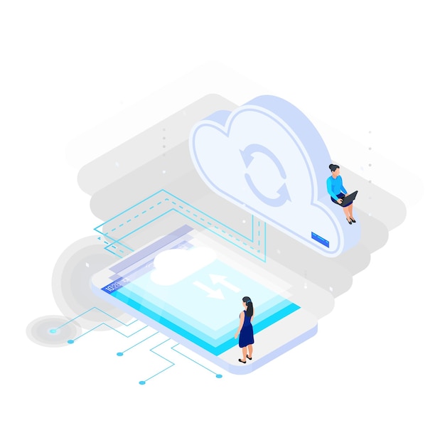 Cloud services isometric composition with icons of tablet screens syncing to cloud with human characters vector illustration