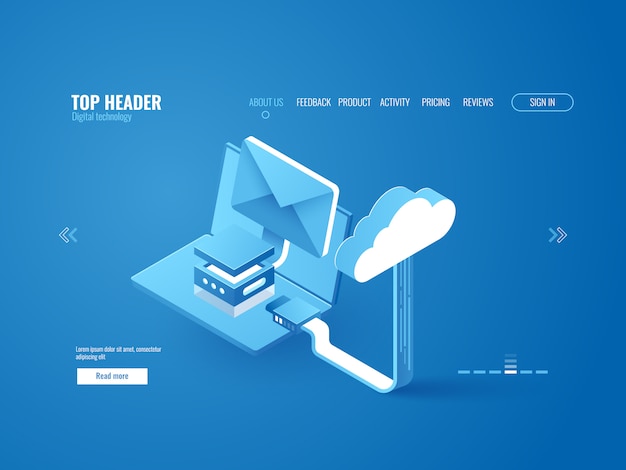 Cloud storage connection data upload and download, laptop with email envelop