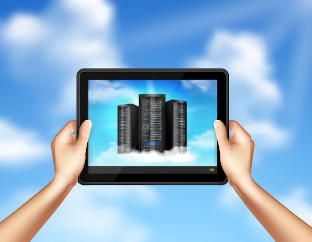 Free vector cloud storage in hands holding tablet