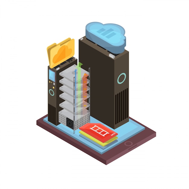 Cloud storage isometric design with video files and folder, server racks on mobile device screen