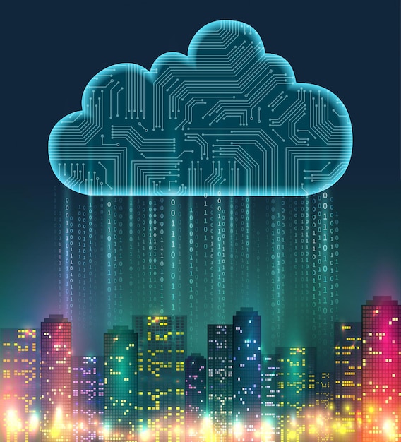 Cloud composizione realistica di archiviazione con elementi digitali e luci intense sulla città