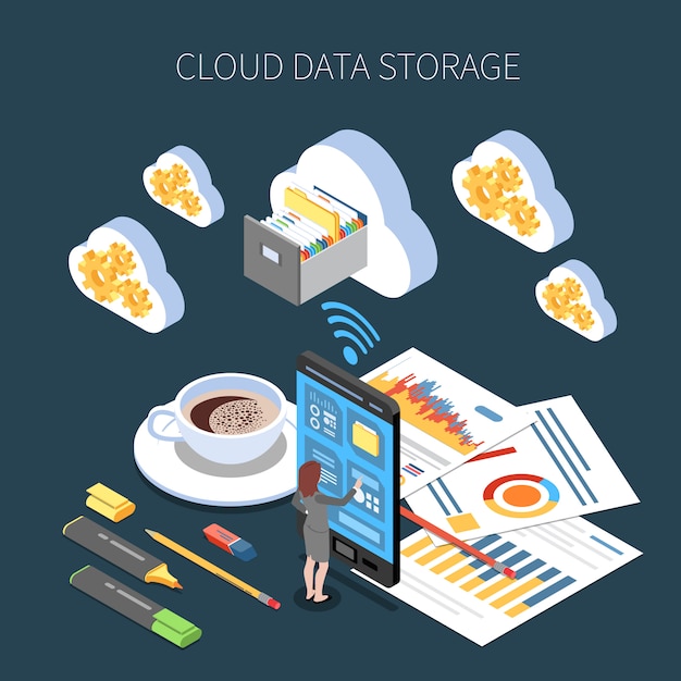 Composizione isometrica del servizio di archiviazione cloud con salvataggio delle informazioni di lavoro su oscurità