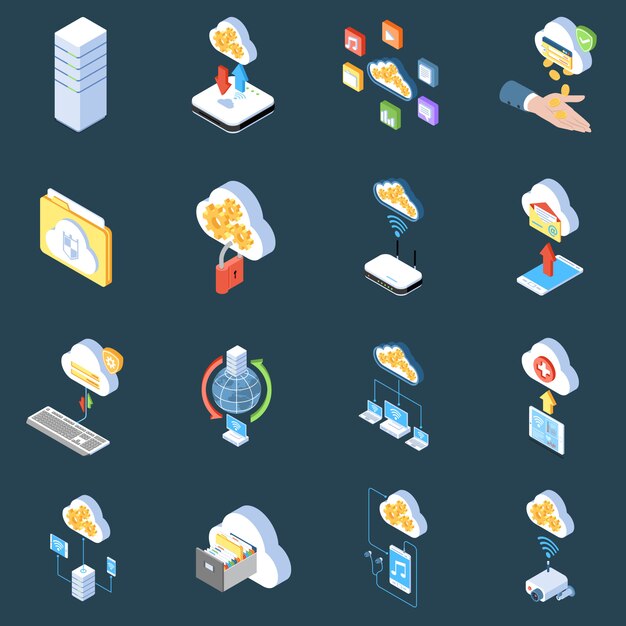 Cloud technology isometric icons of storage protection and synchronization of data on dark  isolated