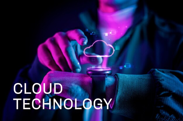 Cloud technology with futuristic hologram on smartwatch