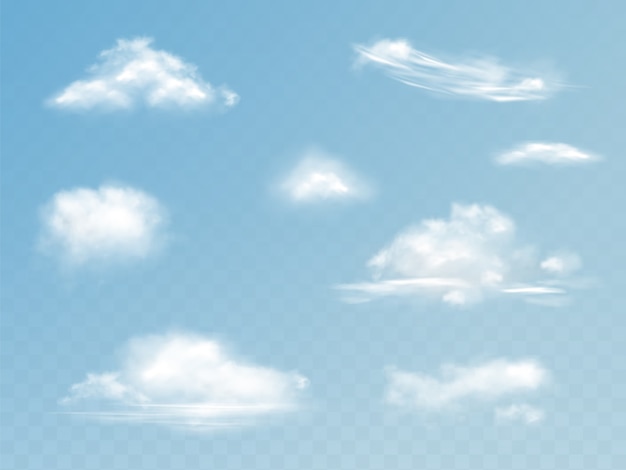 Clouds realistic set illustration of translucent cloudy sky with fluffy clouds