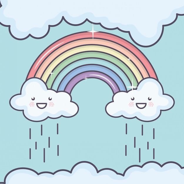 Vettore gratuito cielo delle nuvole con i caratteri kawaii del tempo dell'arcobaleno