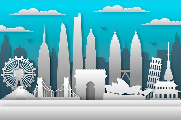 Free vector cloudy day landmarks skyline in paper style