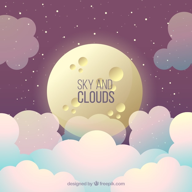Free vector cloudy sky background with big moon in flat style