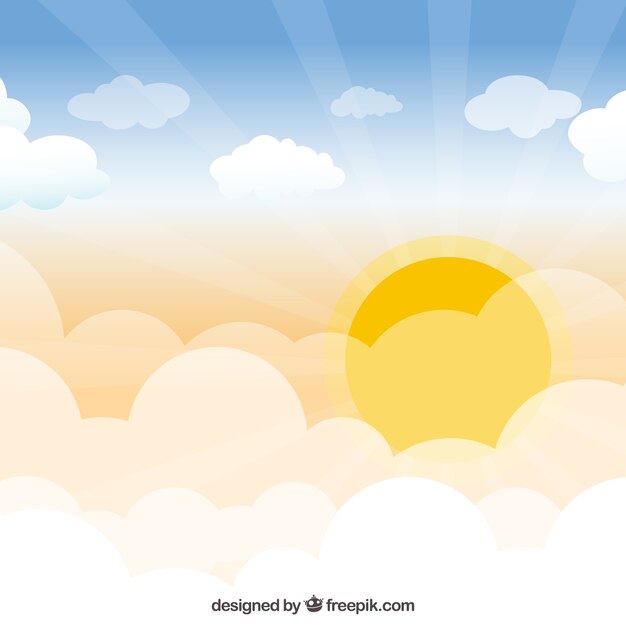 Cloudy sky background with big sun in flat style