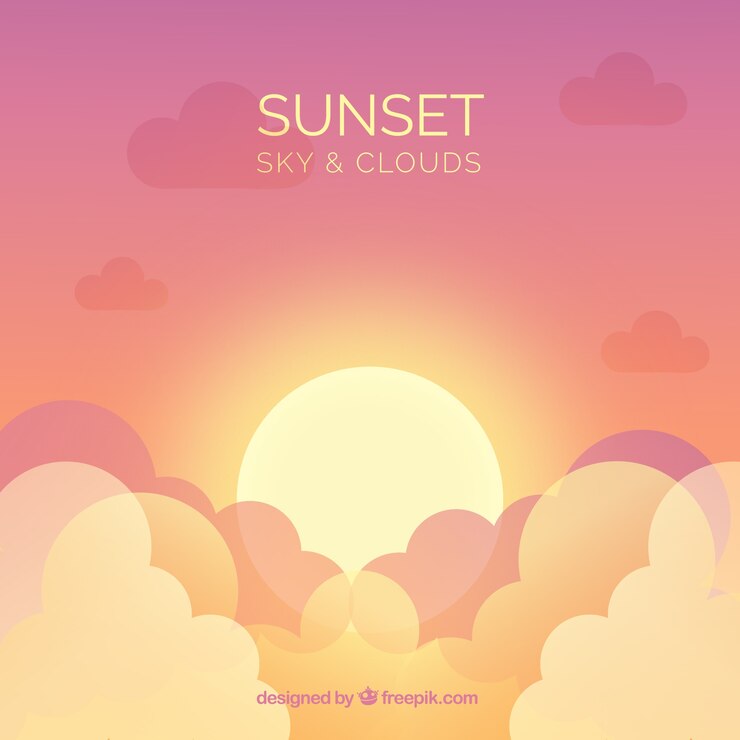 無料Vector フラットスタイルの大きな太陽がある曇った空の背景