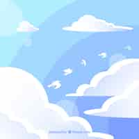 Free vector cloudy sky background with birds flying in flat style