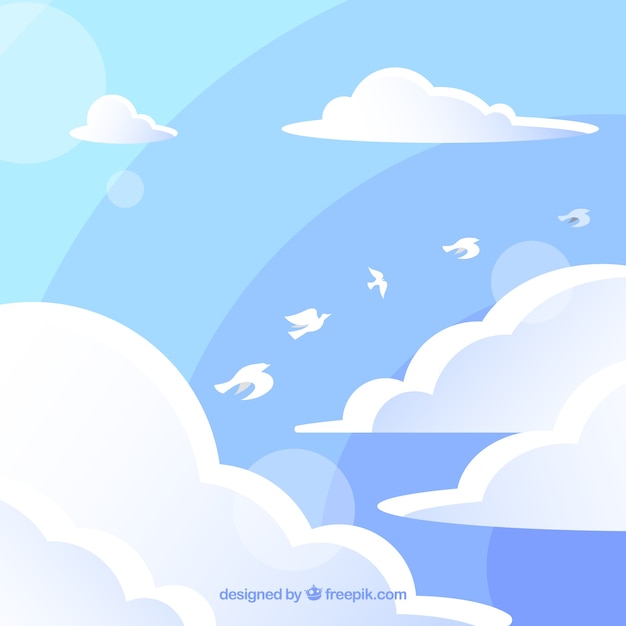 Cloudy sky background with birds flying in flat style