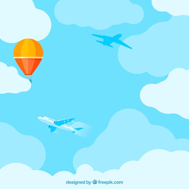Cloudy sky background with colorful balloon flying