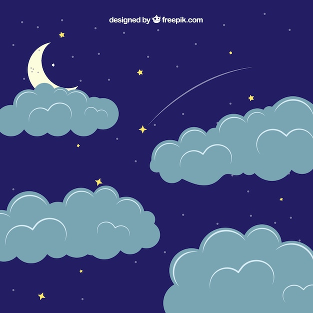 Free vector cloudy sky background with moon and stars in flat style